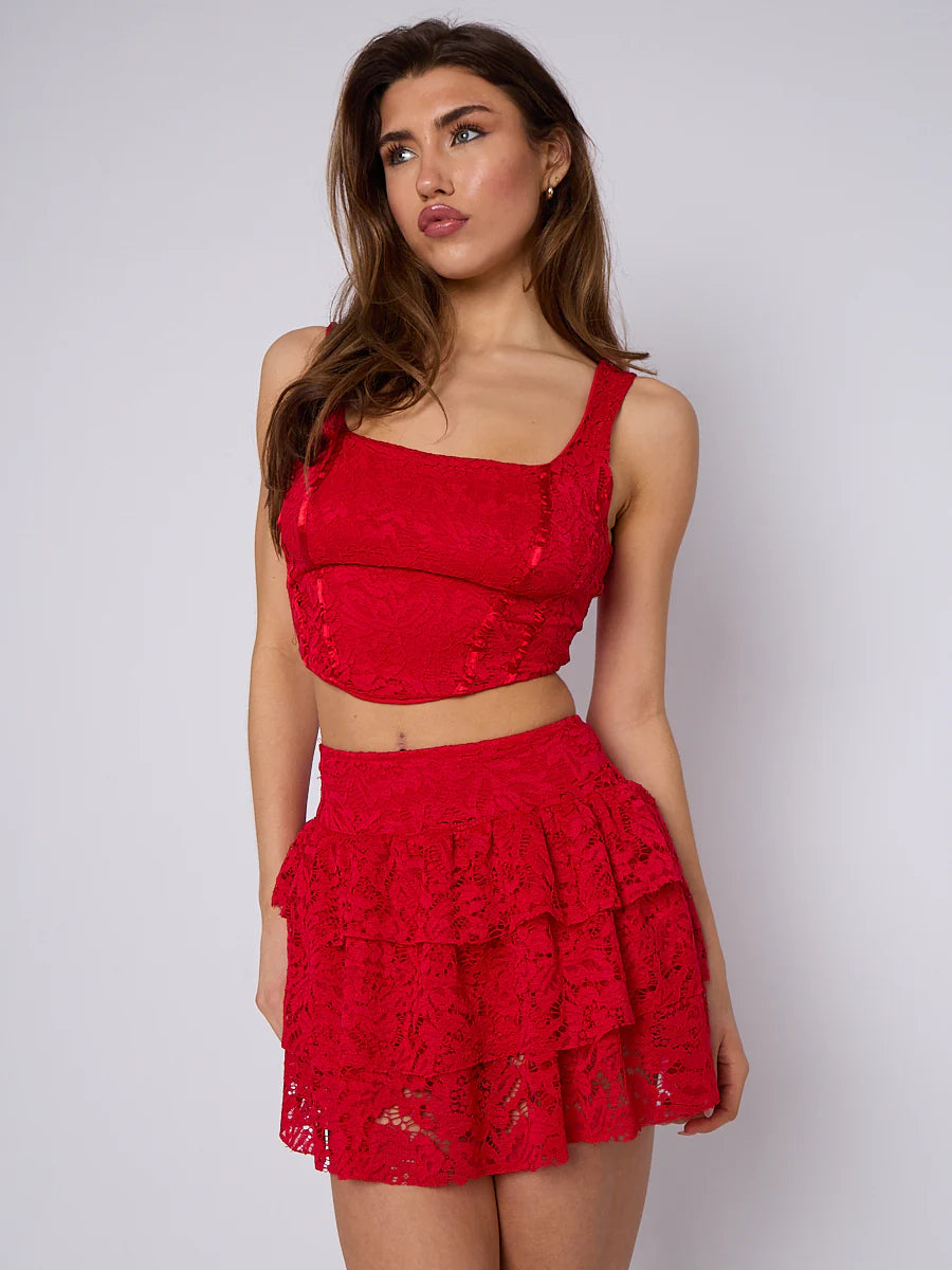 lace detail slinky crop top mini skirt co ord red