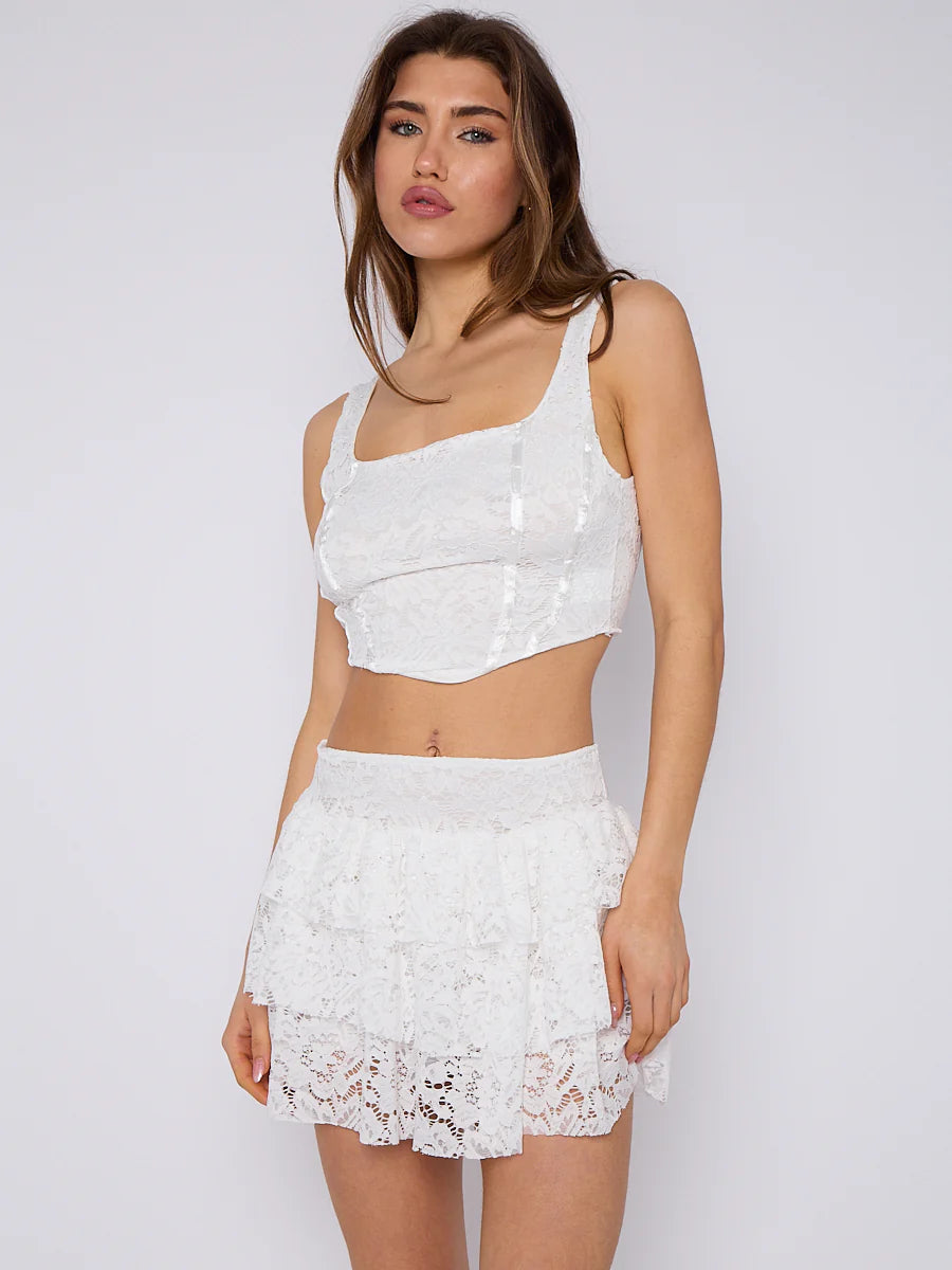 lace detail slinky crop top mini skirt co ord white