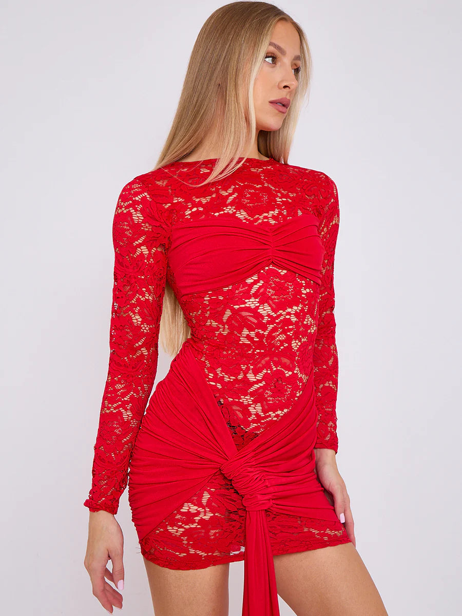 lace mini dress with drape detail red side alternate