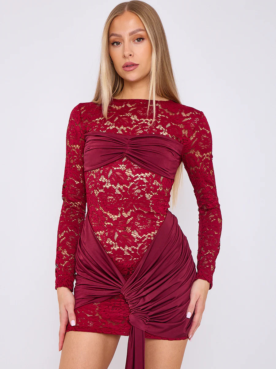 lace mini dress with drape detail wine closeup