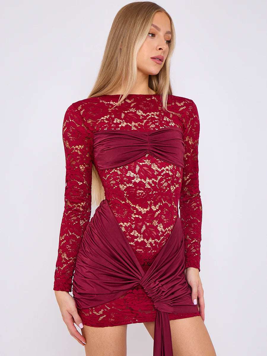 lace mini dress with drape detail wine side alternate