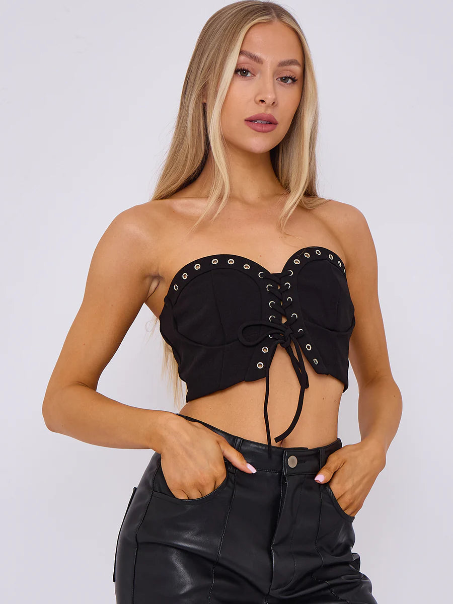 lace up front bandeau top with metal eyelet detail black