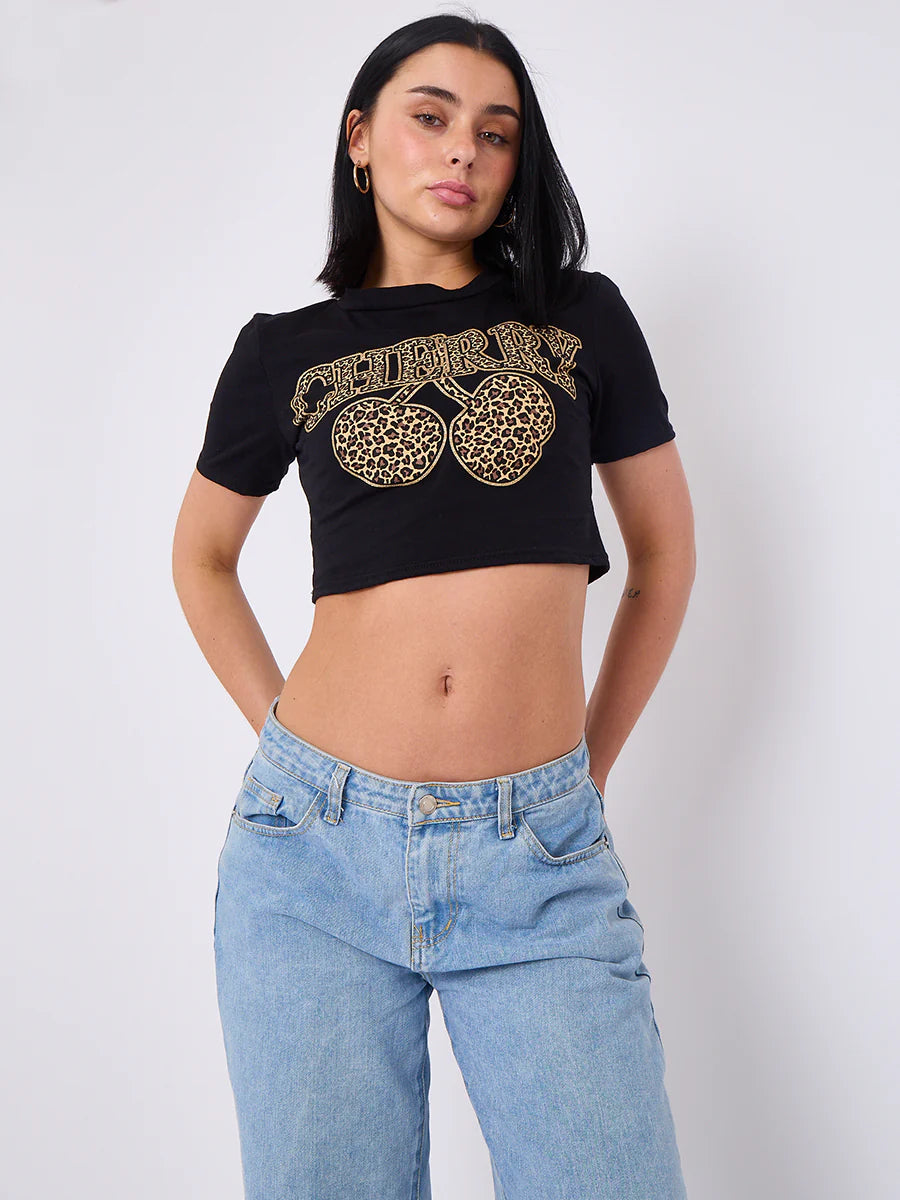 leopard cherry graphic printed crop top