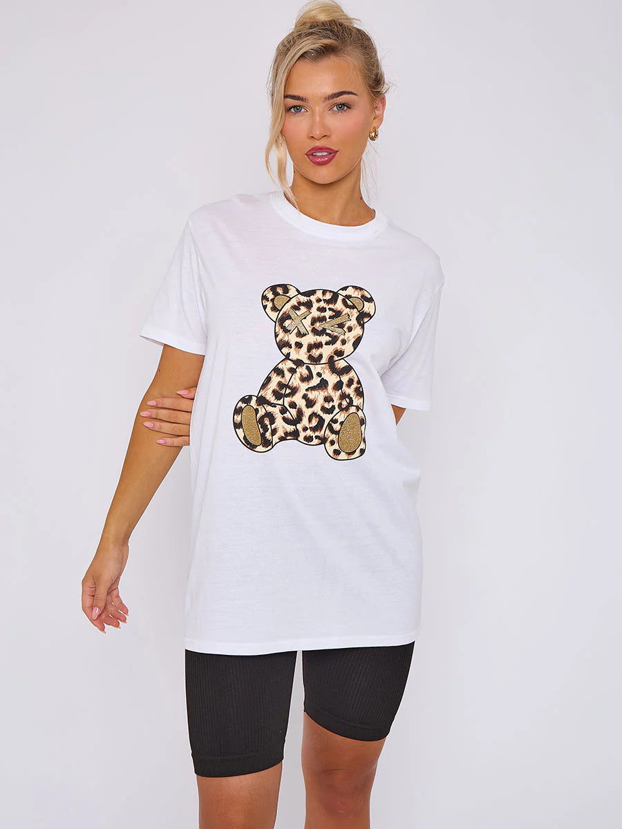 leopard print teddy graphic t shirt white