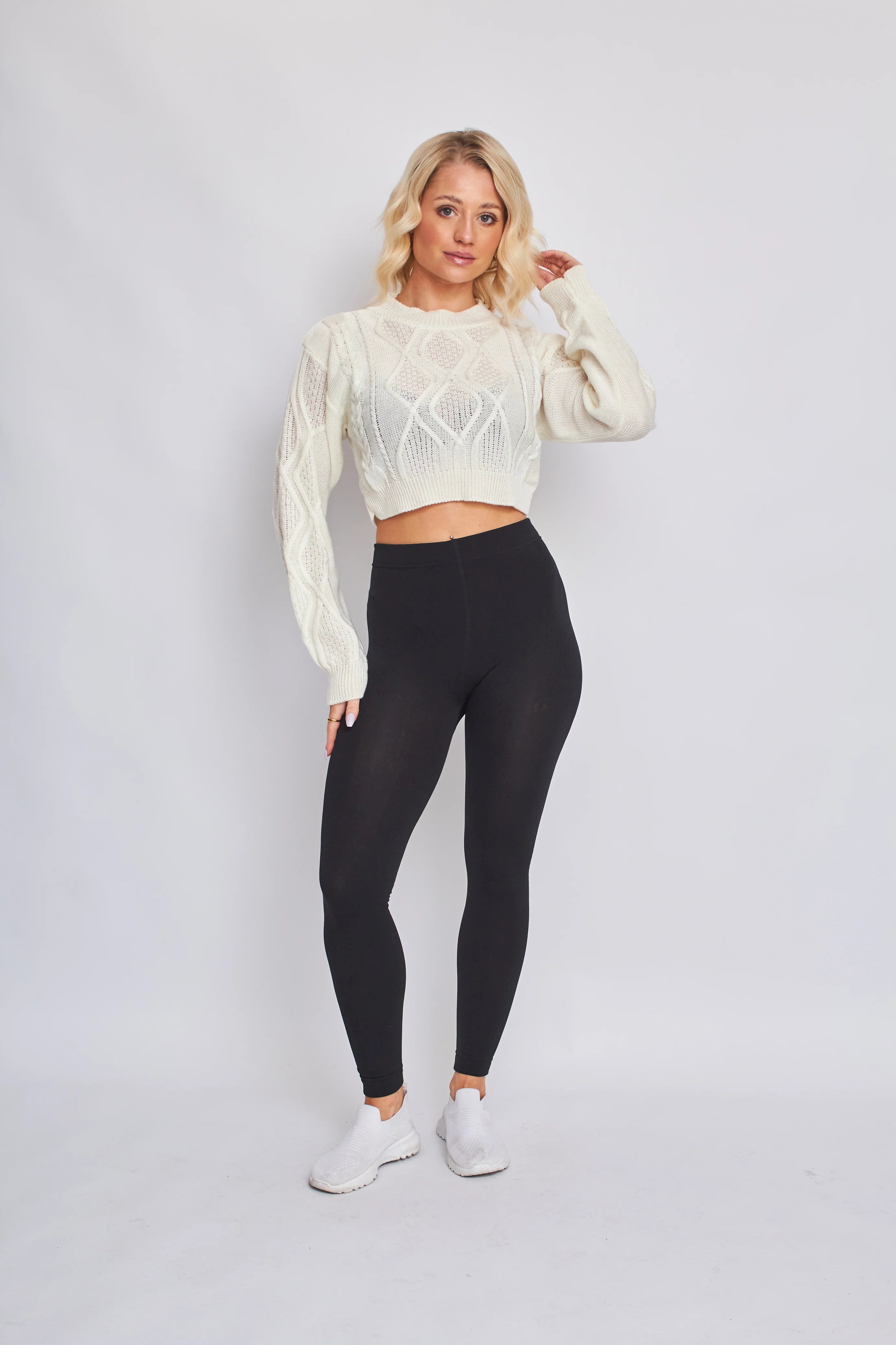 long sleeve cable knitted cropped jumper cream