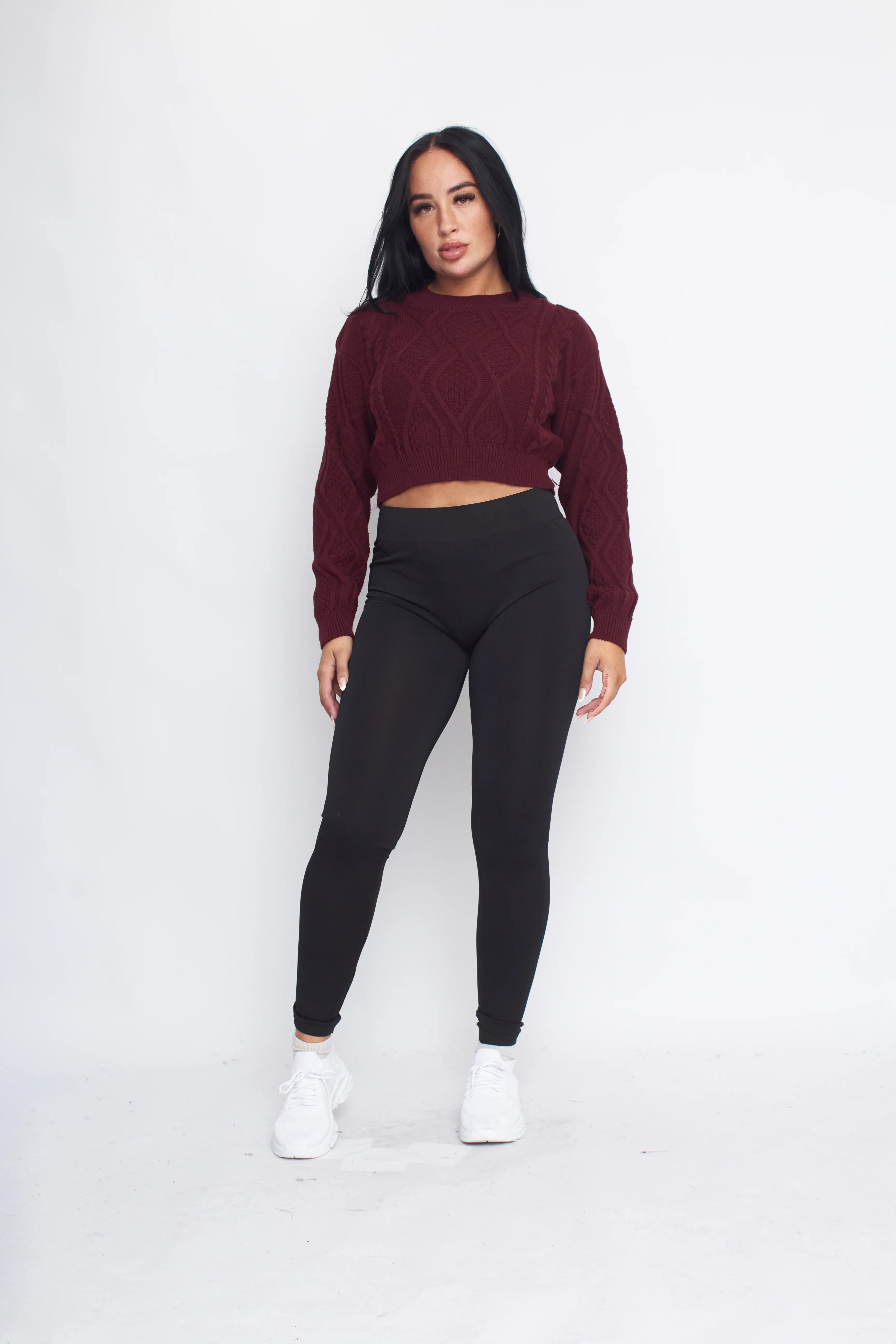 long sleeve cable knitted cropped jumper wine