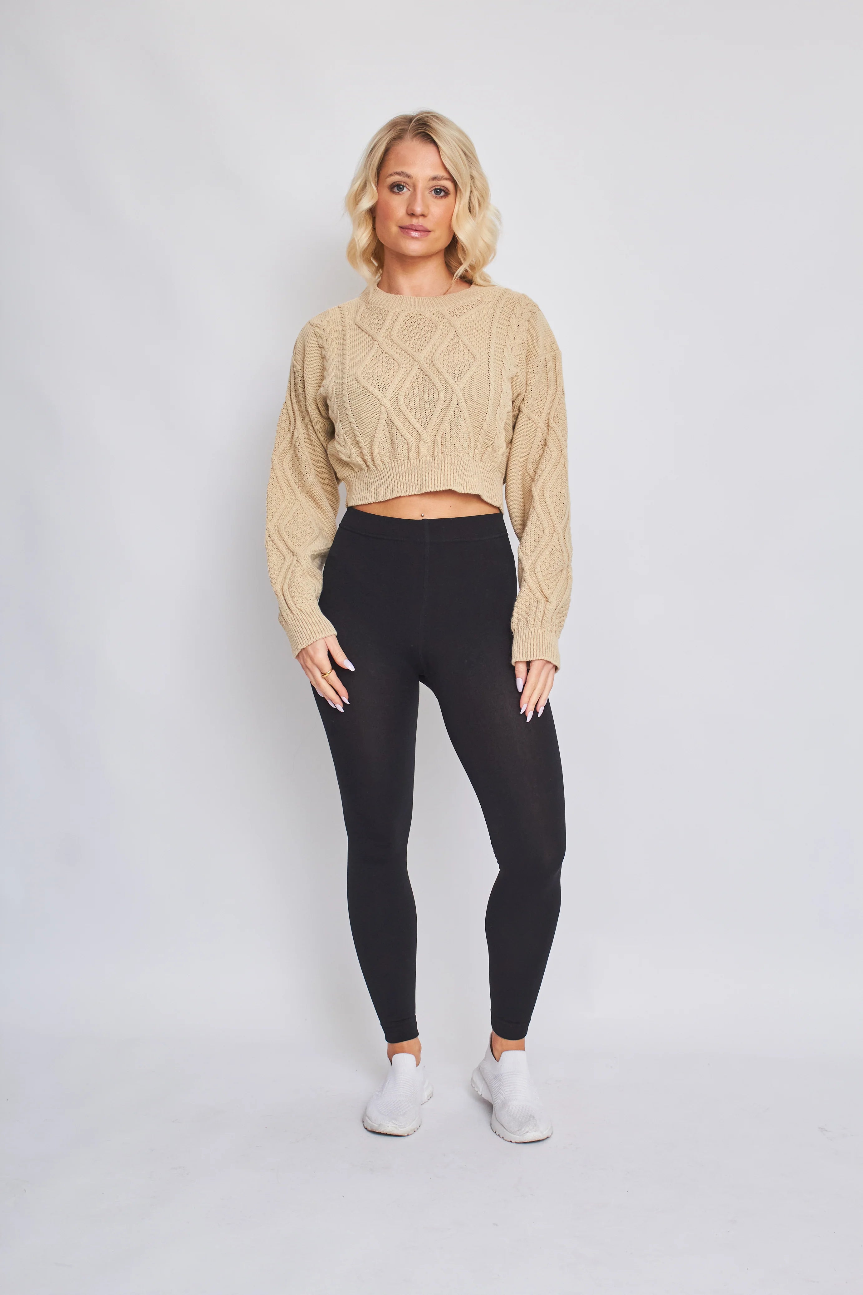 long sleeve cable knitted cropped jumper