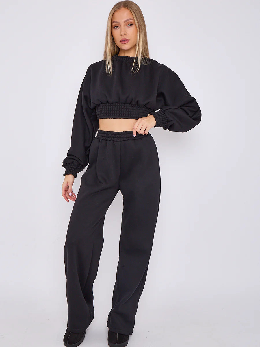 long sleeve crop top wide leg trouser fleece co ord black alternate