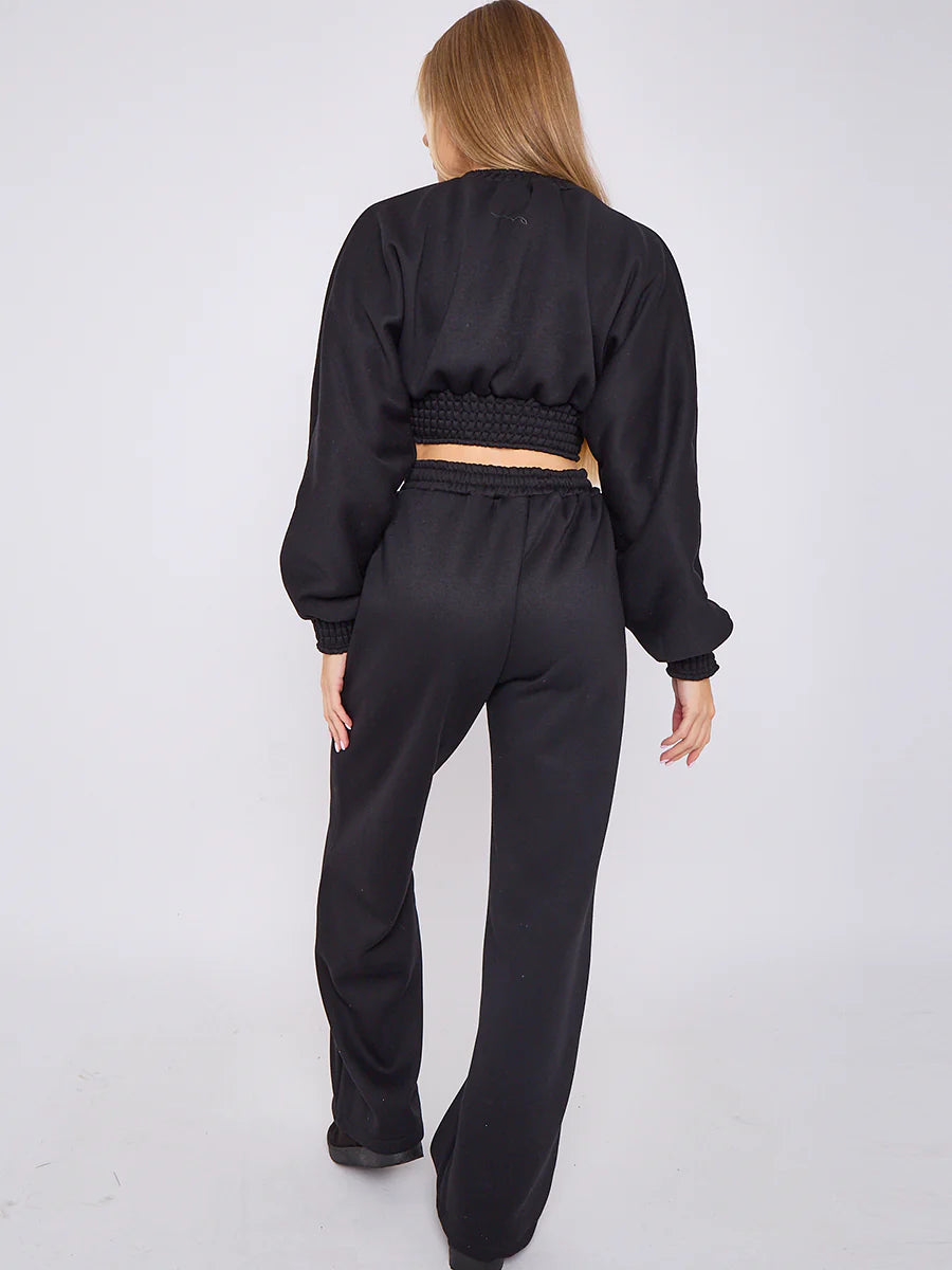 long sleeve crop top wide leg trouser fleece co ord black rear