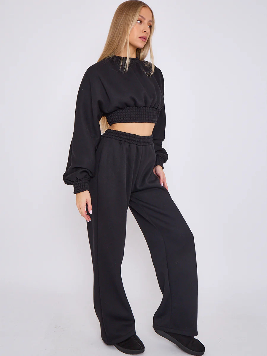 long sleeve crop top wide leg trouser fleece co ord black side alternate