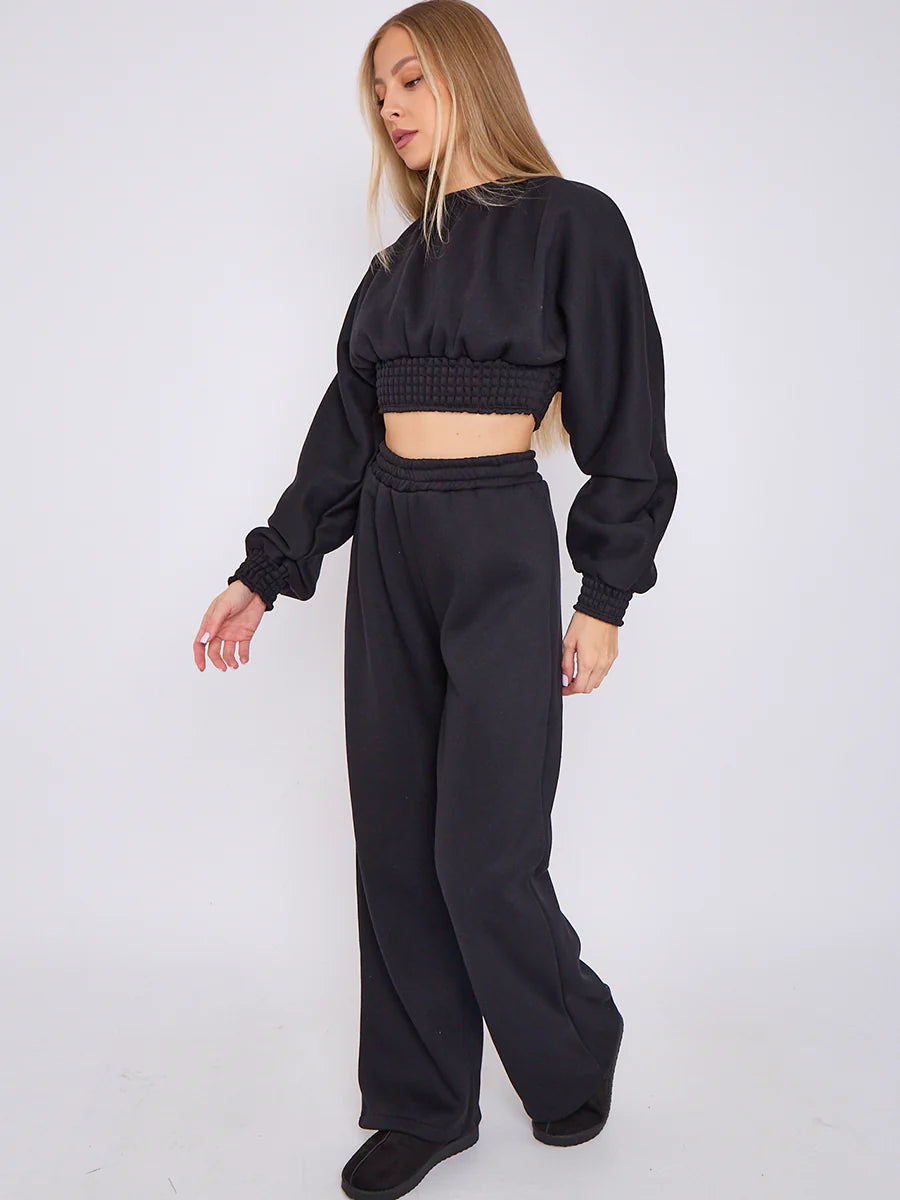 long sleeve crop top wide leg trouser fleece co ord black side