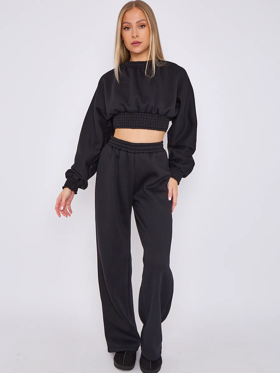 long sleeve crop top wide leg trouser fleece co ord black