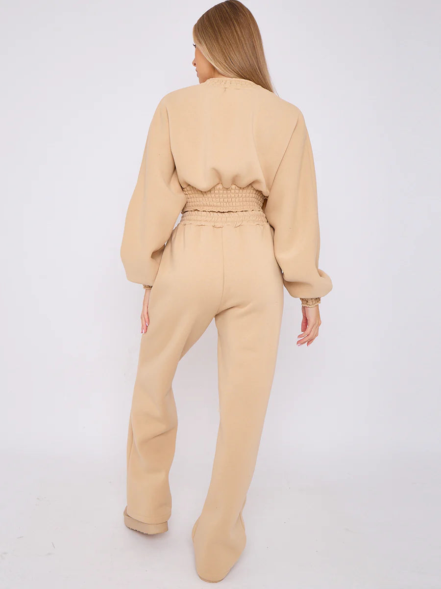 long sleeve crop top wide leg trouser fleece co ord stone rear