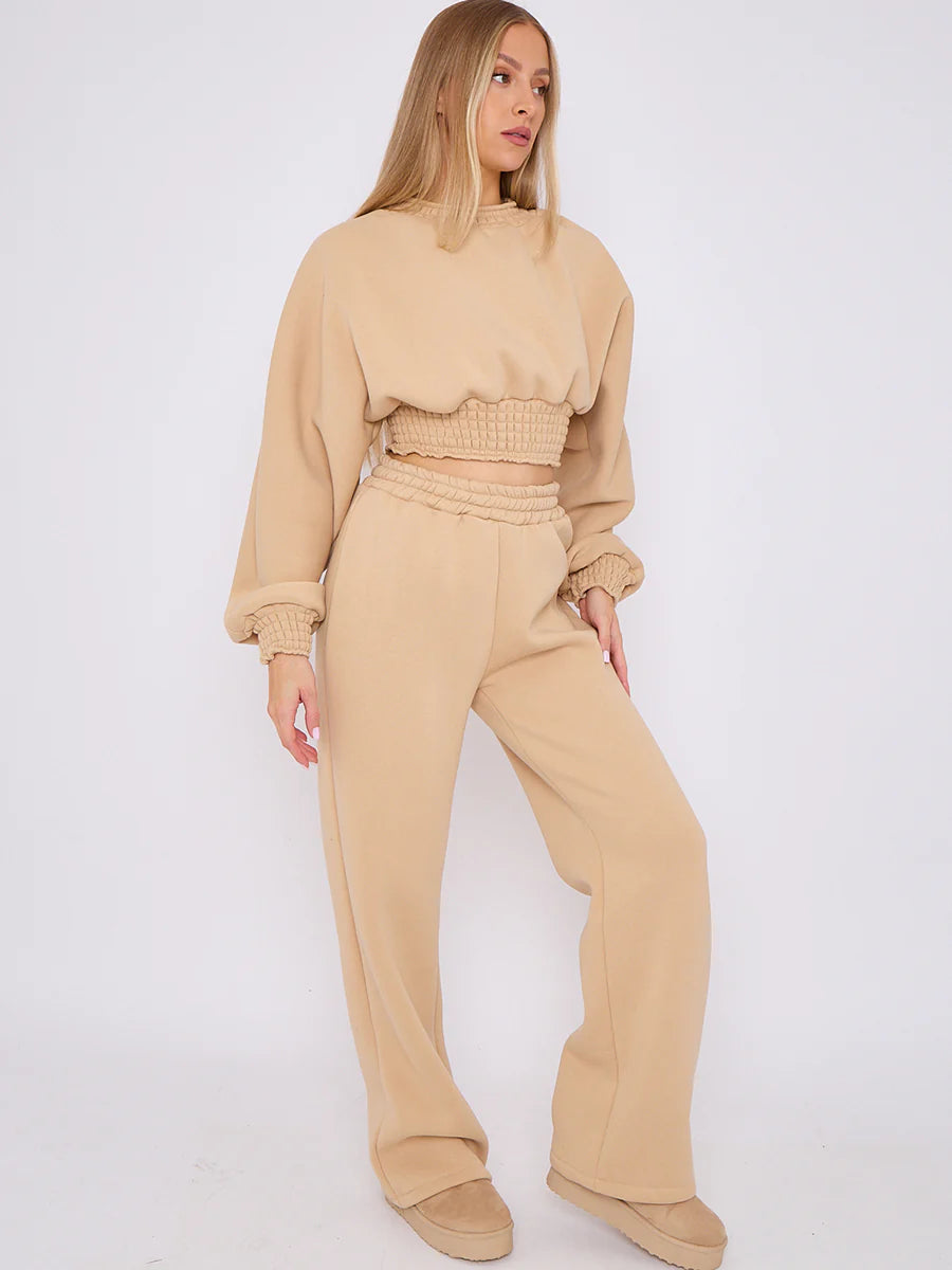 long sleeve crop top wide leg trouser fleece co ord stone side alternate