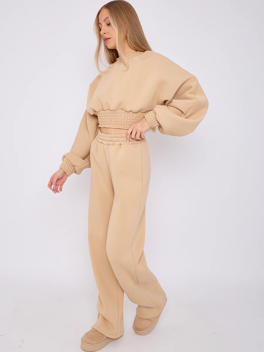 long sleeve crop top wide leg trouser fleece co ord stone side