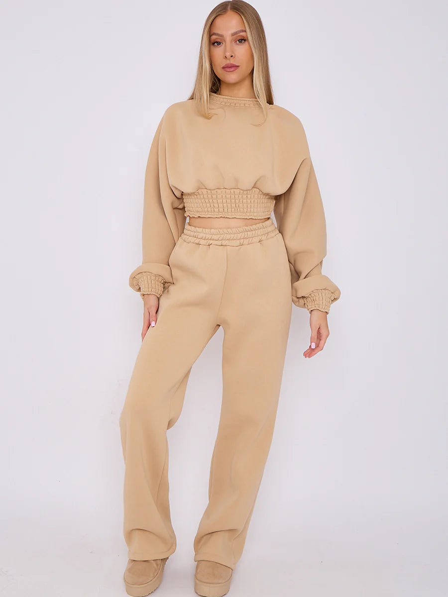 long sleeve crop top wide leg trouser fleece co ord stone