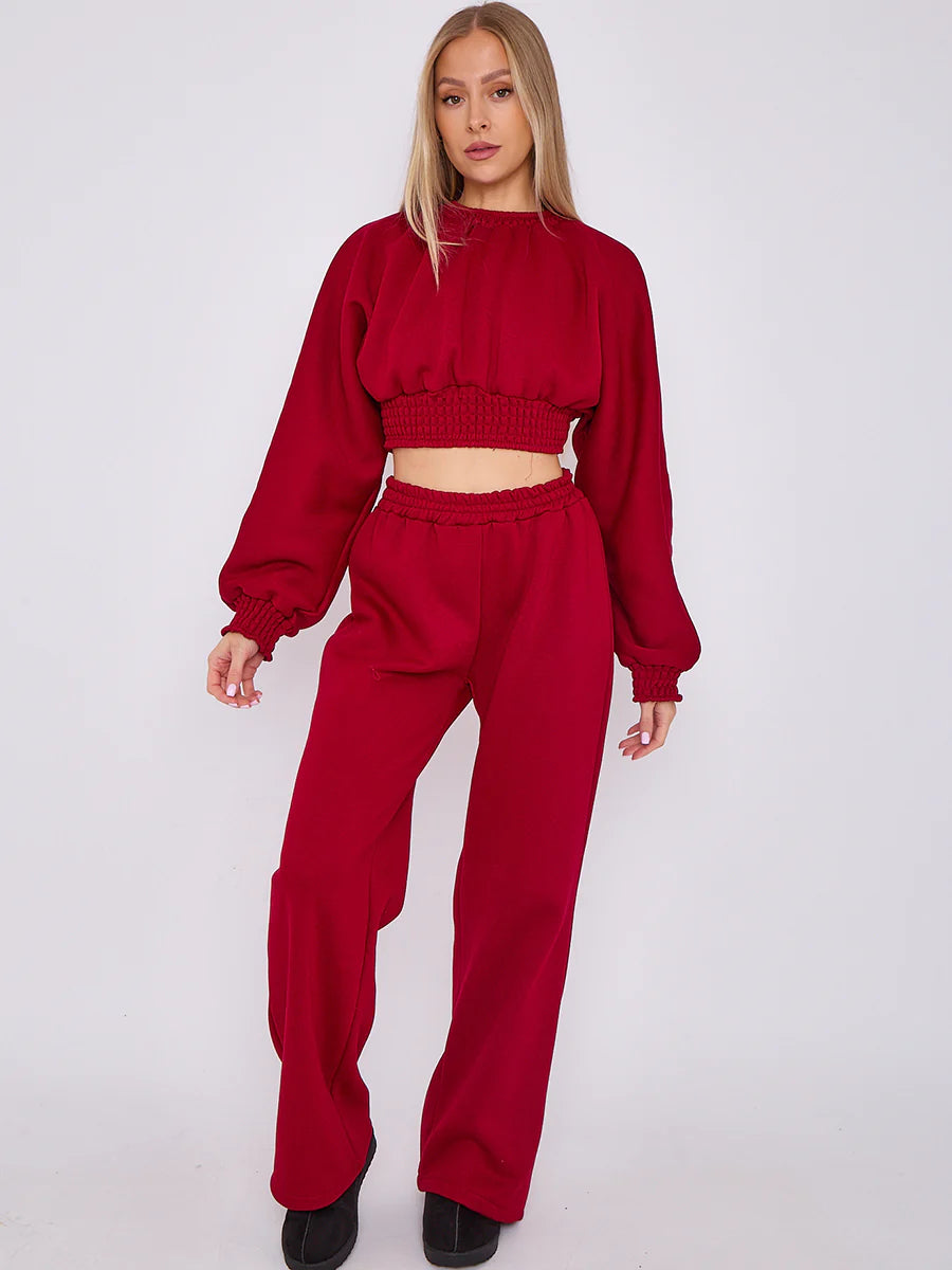 long sleeve crop top wide leg trouser fleece co ord wine alternate