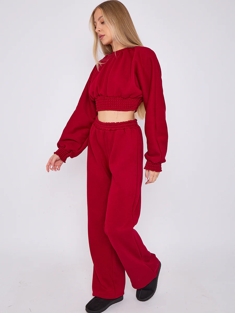 long sleeve crop top wide leg trouser fleece co ord wine side