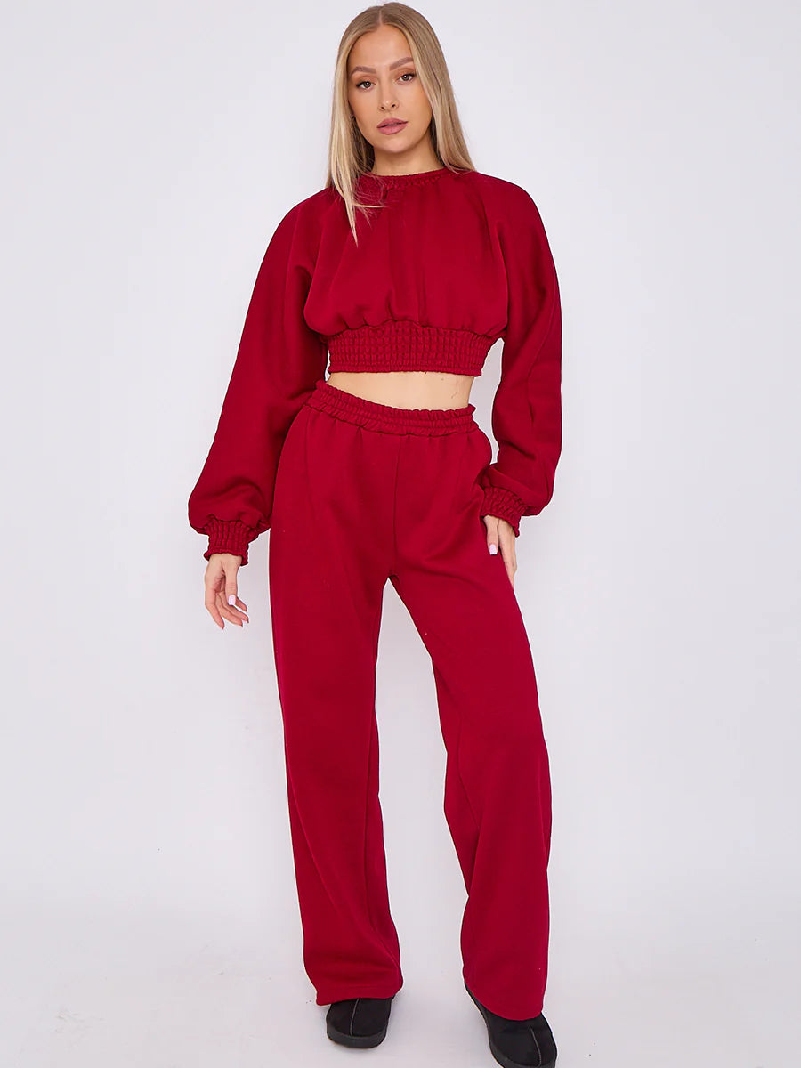 long sleeve crop top wide leg trouser fleece co ord wine