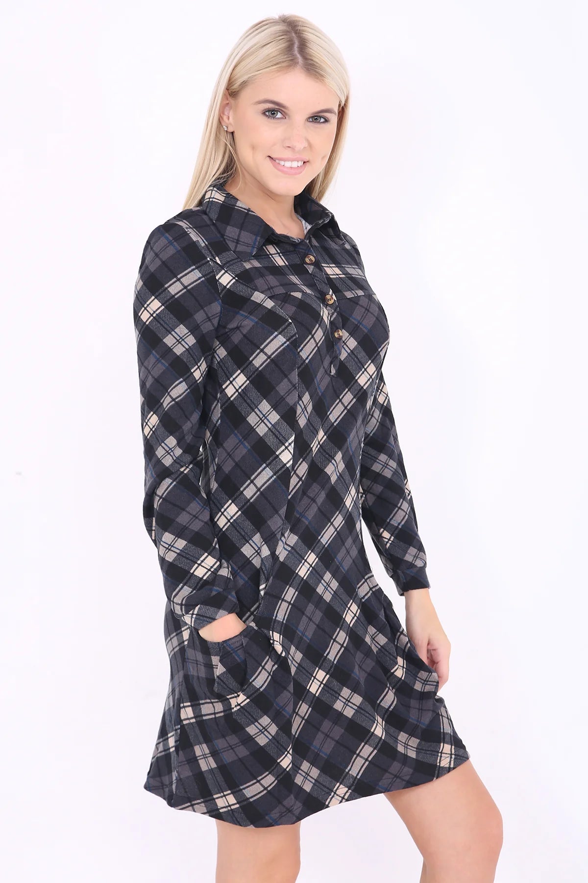 long sleeve tartan check shirt dress grey side