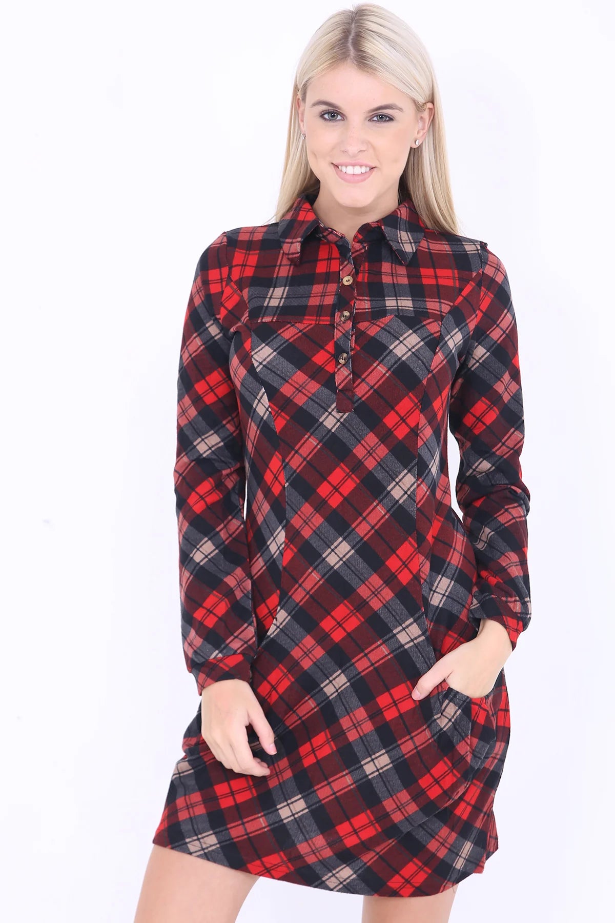 long sleeve tartan check shirt dress red front