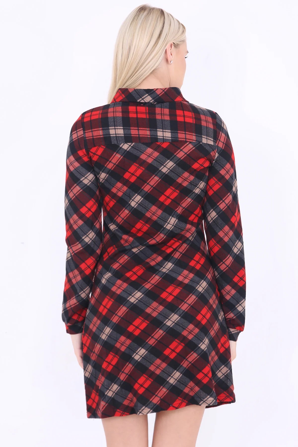 long sleeve tartan check shirt dress red rear