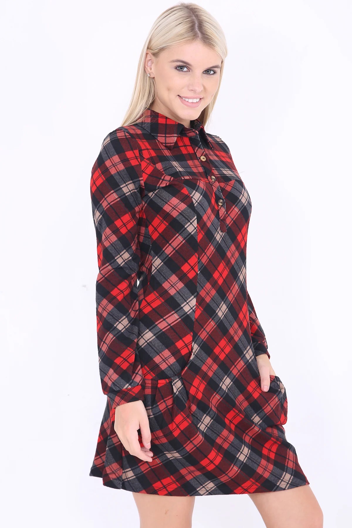 long sleeve tartan check shirt dress red