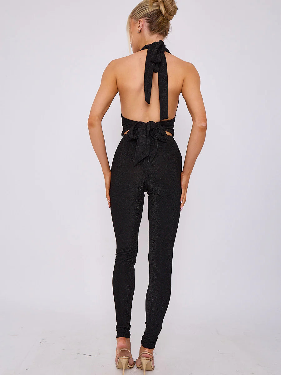 lurex open back halter jumpsuit black rear