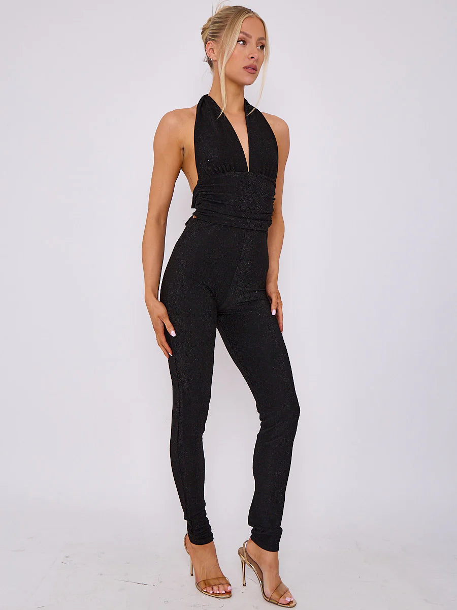 lurex open back halter jumpsuit black side alternate