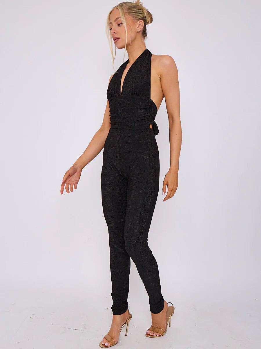 lurex open back halter jumpsuit black side