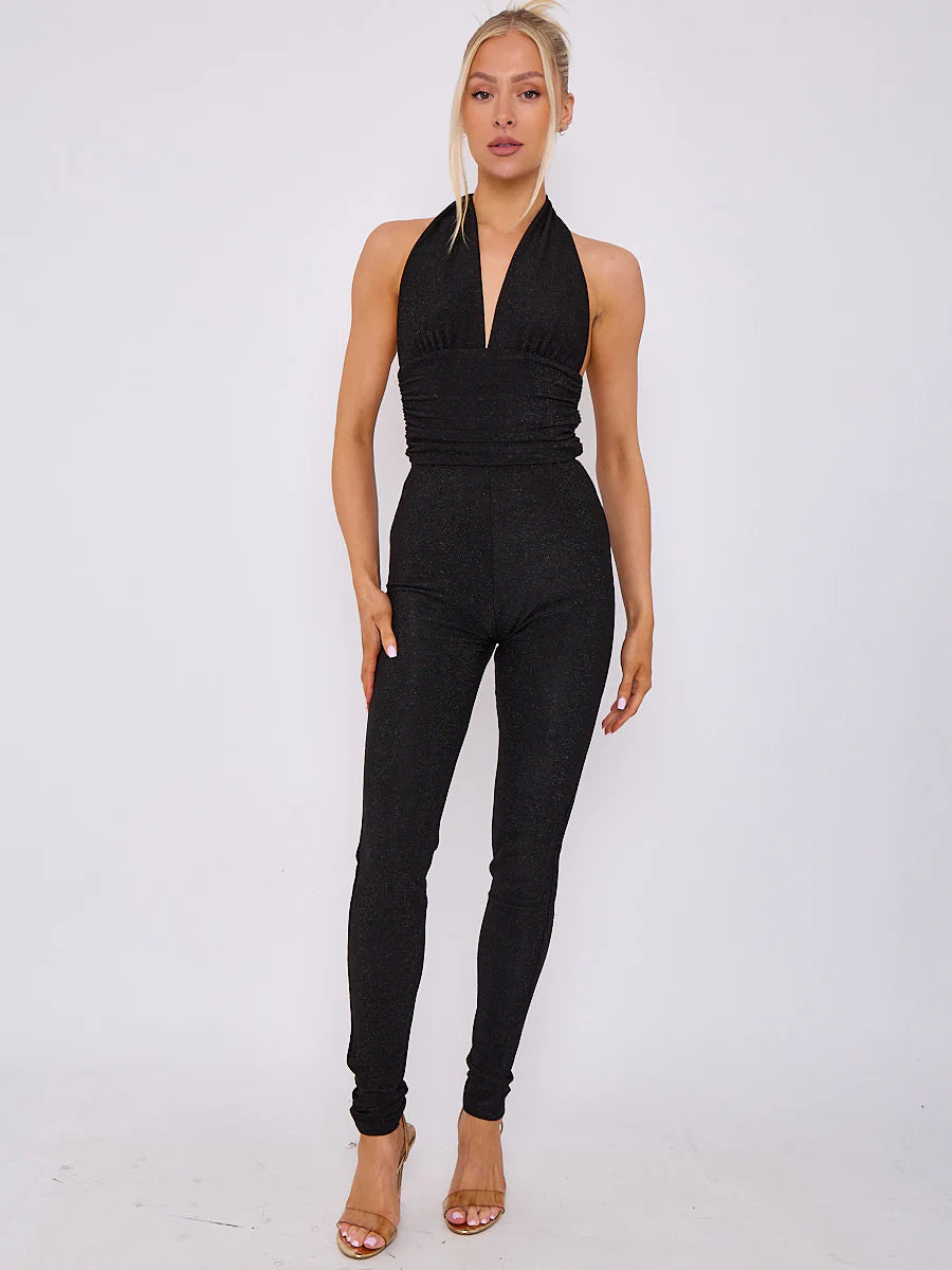 lurex open back halter jumpsuit black