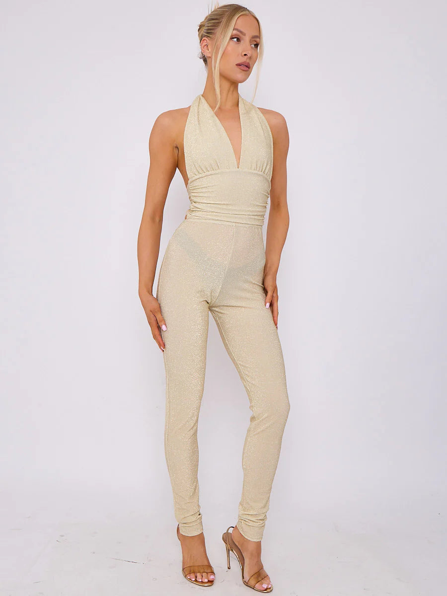 lurex open back halter jumpsuit champagne side alternate