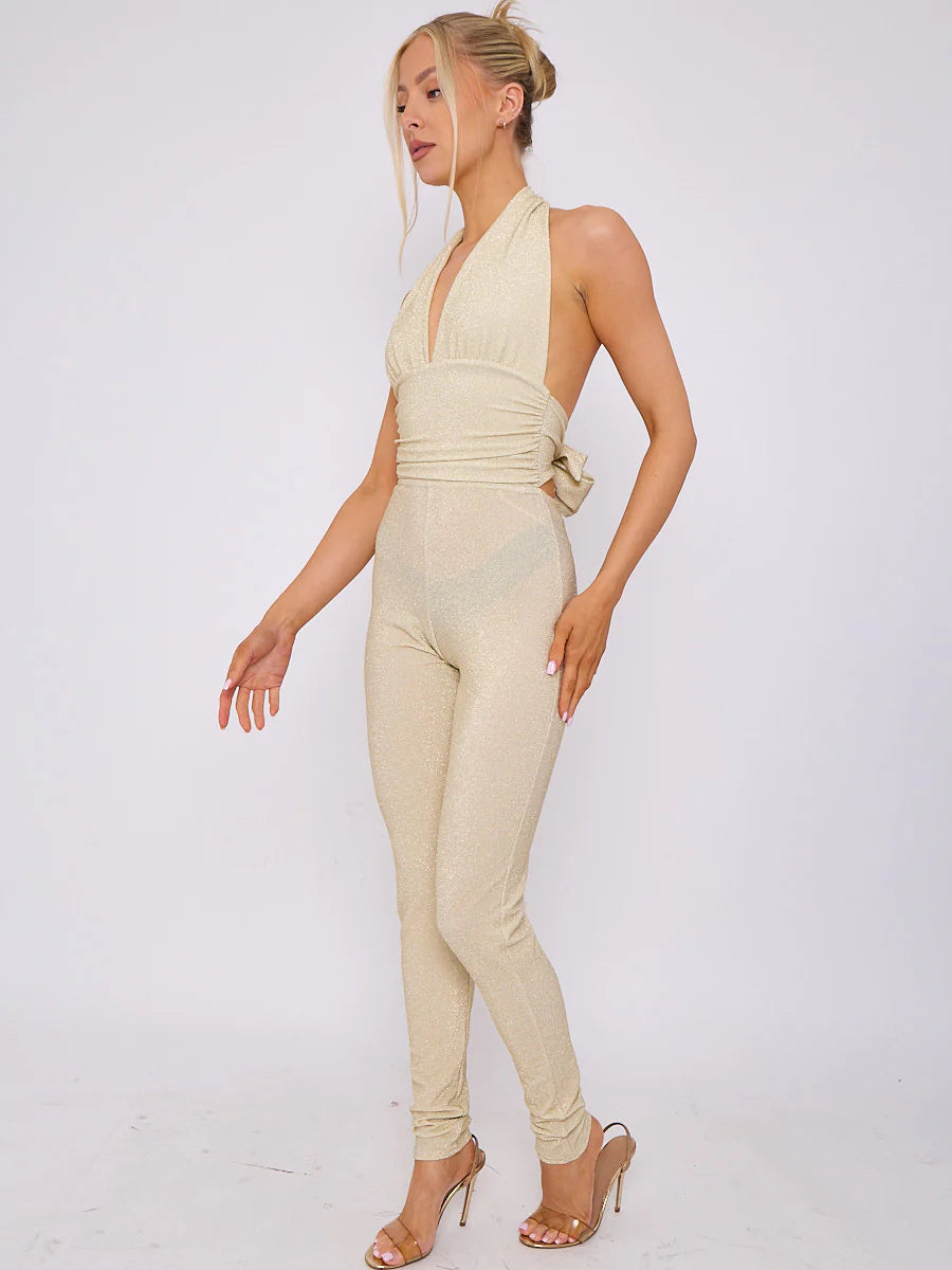 lurex open back halter jumpsuit champagne side