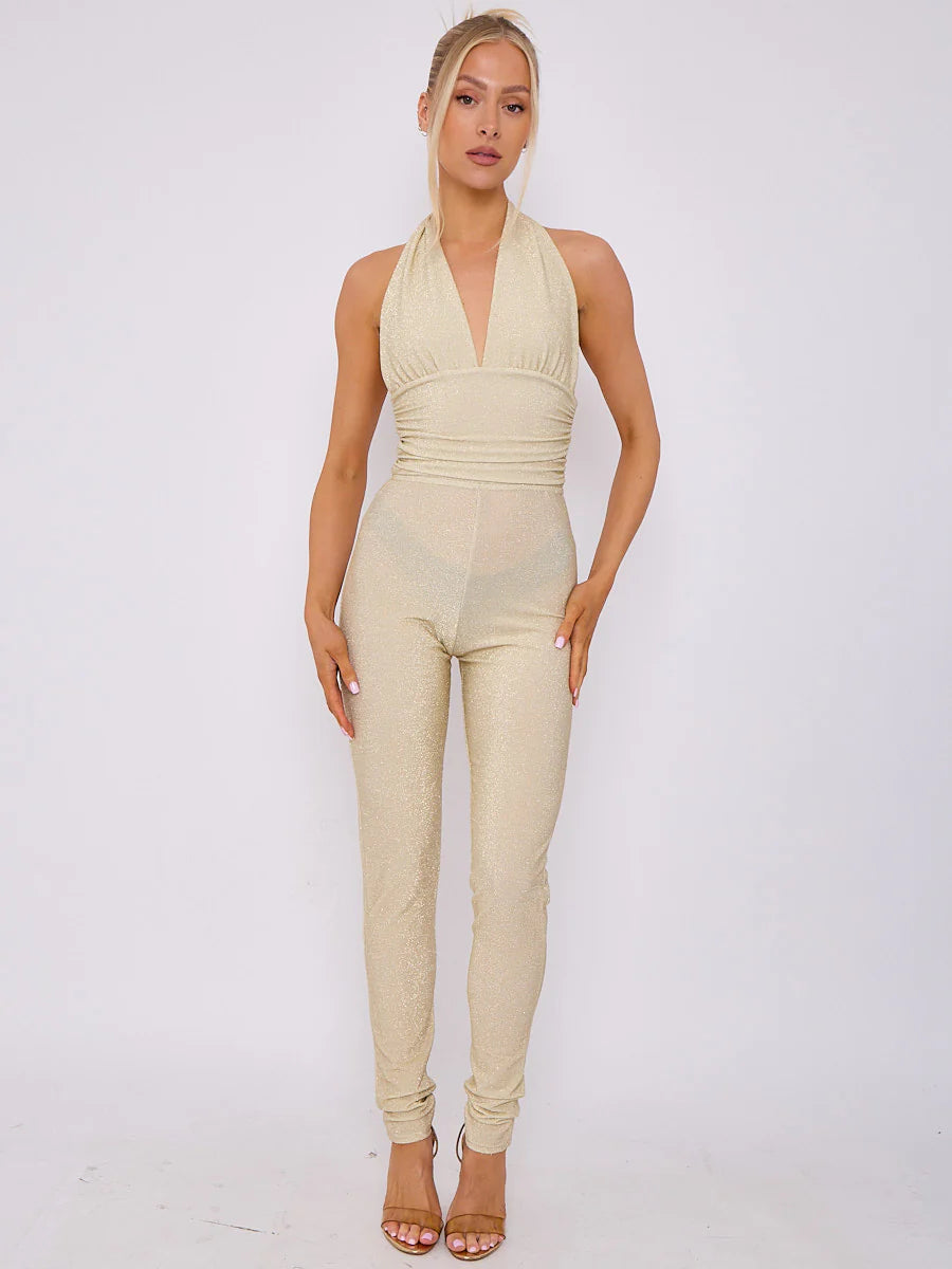 lurex open back halter jumpsuit champagne