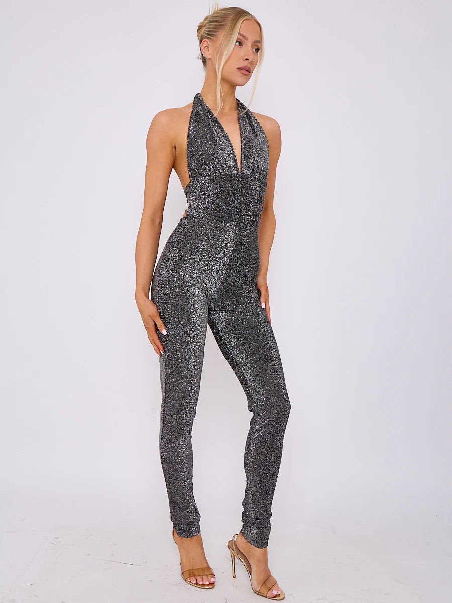 lurex open back halter jumpsuit silver side alternate