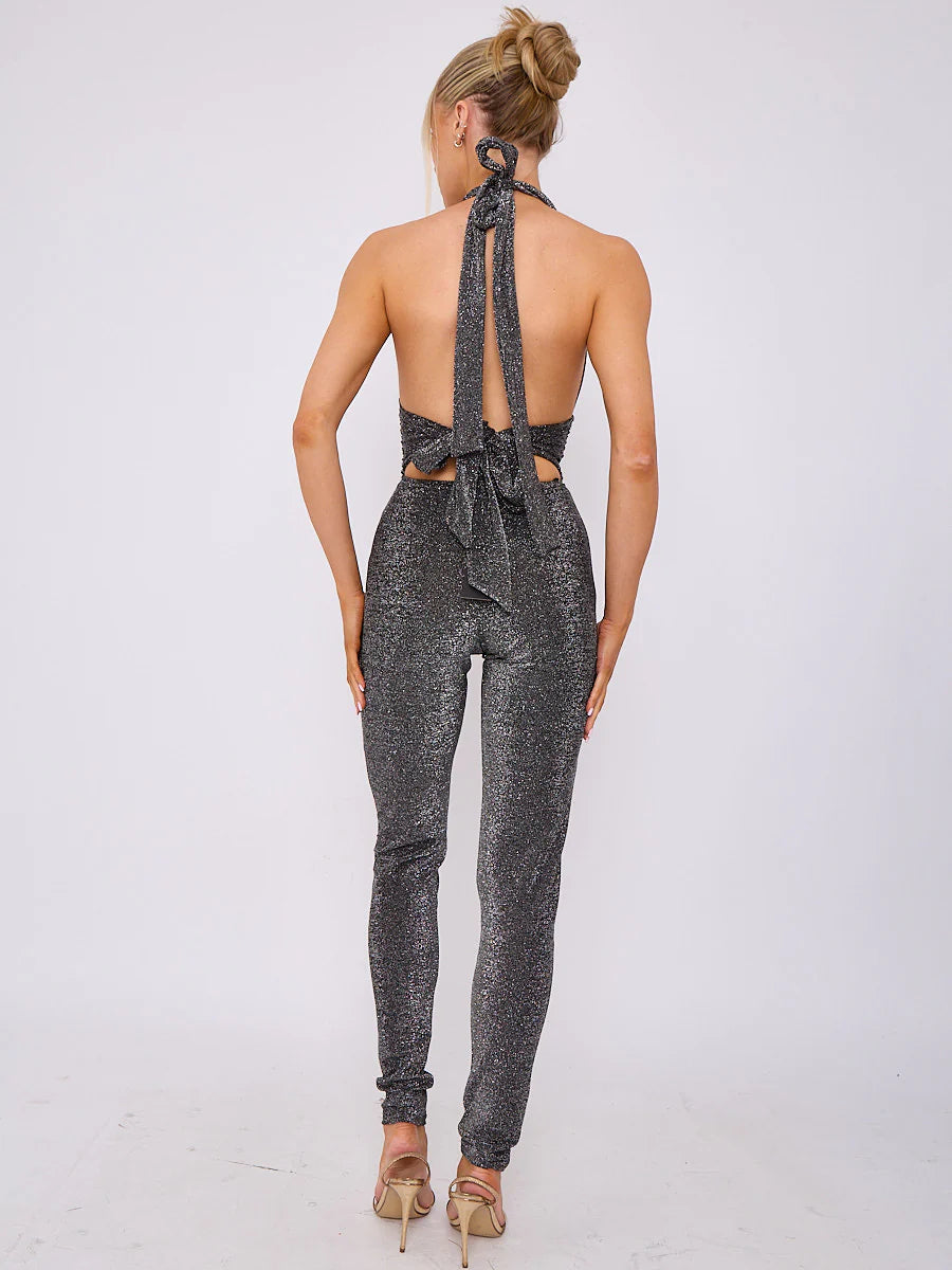 lurex open back halter jumpsuit silver side rear