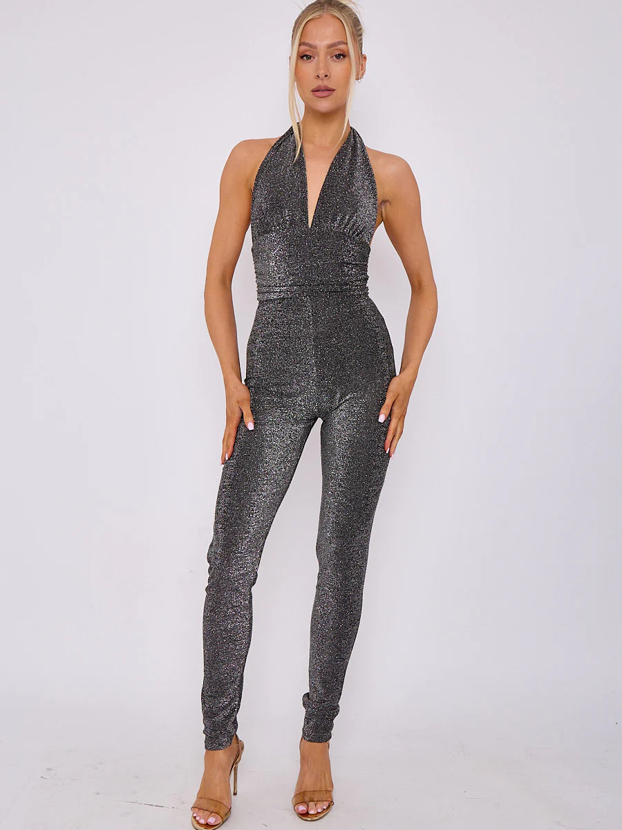 lurex open back halter jumpsuit silver