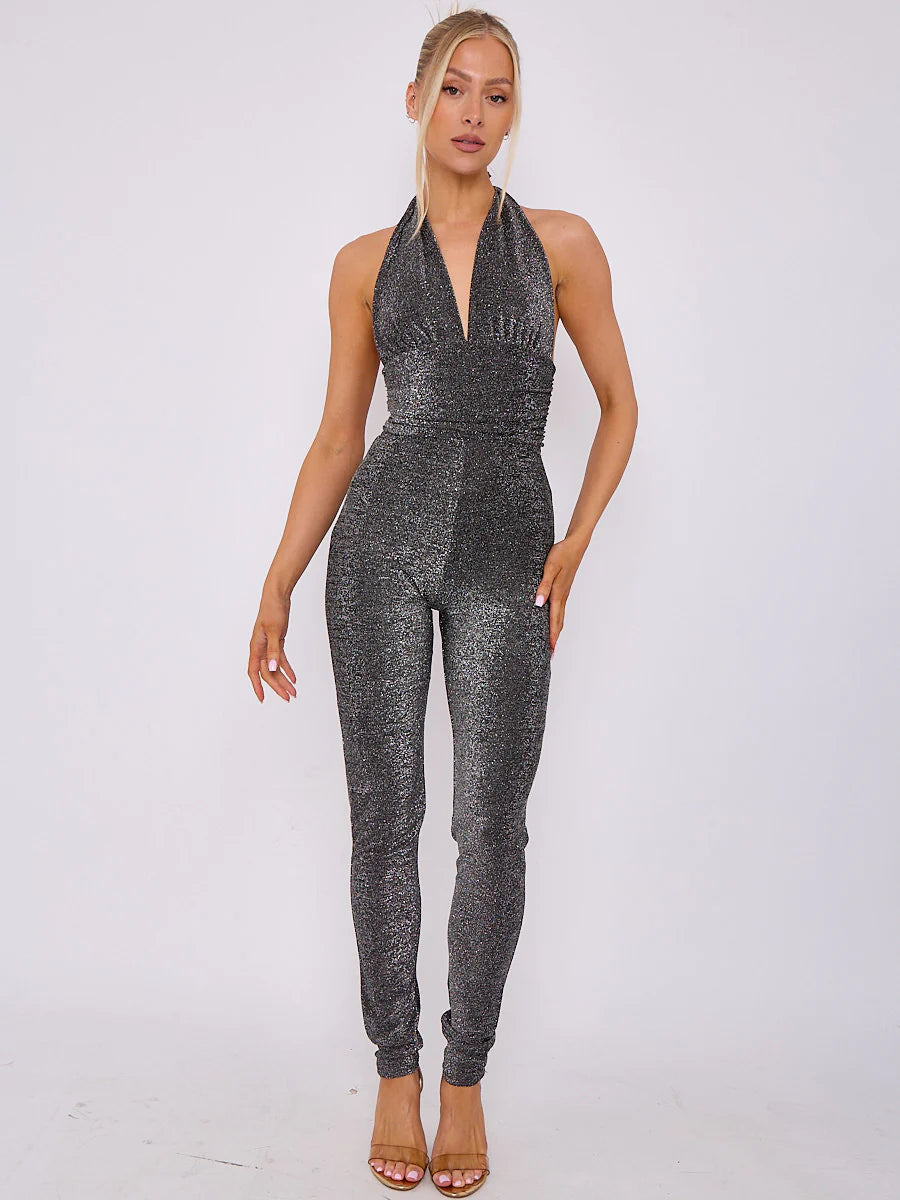 lurex open back halter jumpsuit