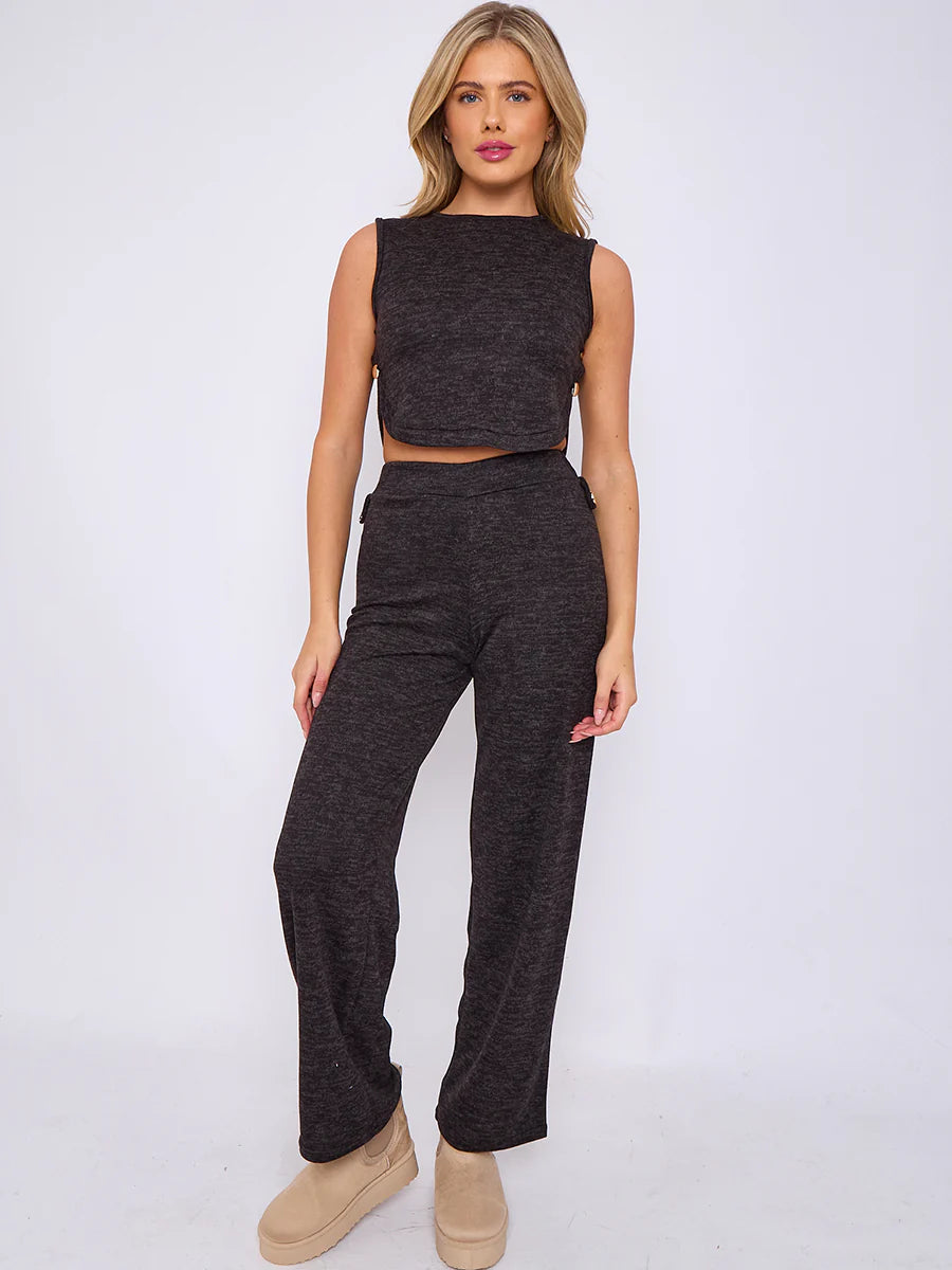 melange knit crop top trouser co ord with button detail black alternate