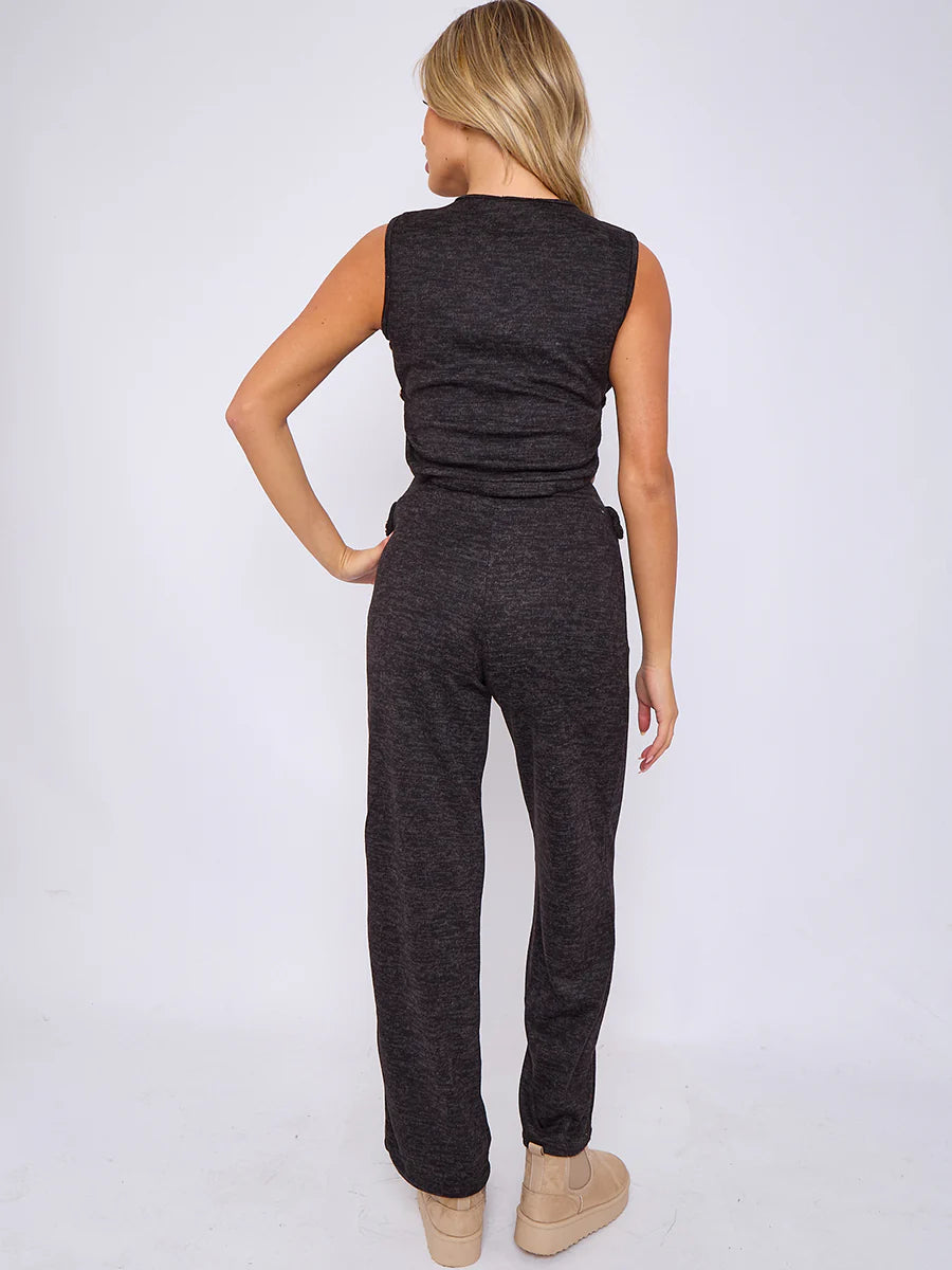 melange knit crop top trouser co ord with button detail black rear