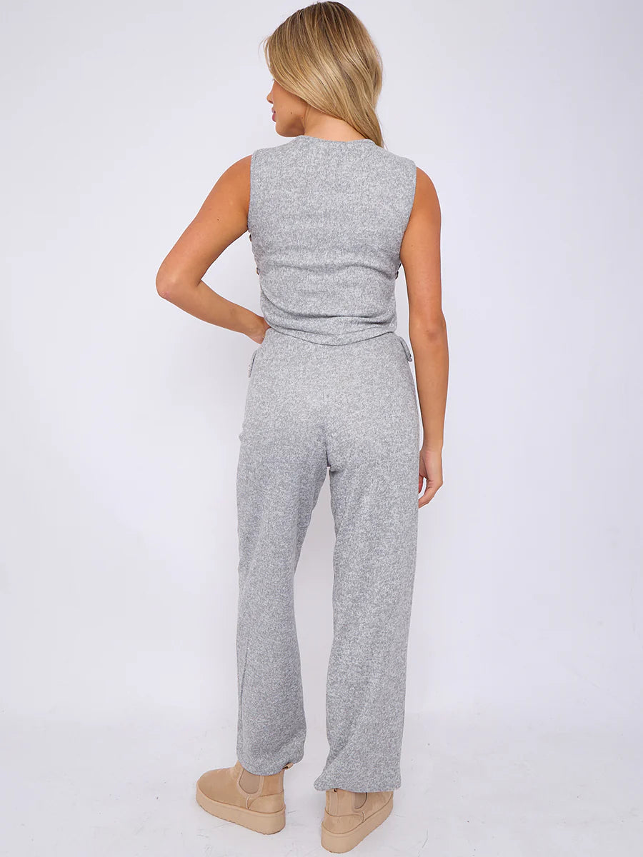 melange knit crop top trouser co ord with button detail grey rear