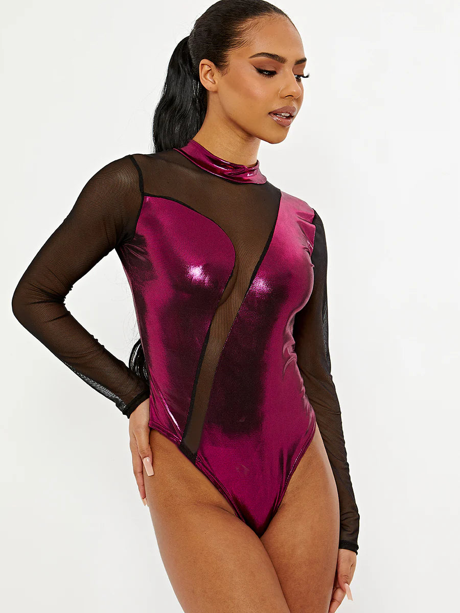 metallic mesh insert bodysuit fuschia