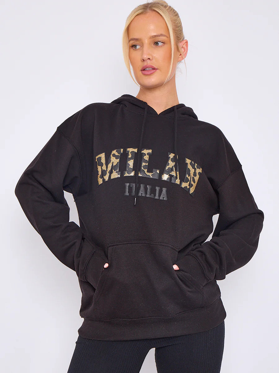 milan print graphic hoodie black