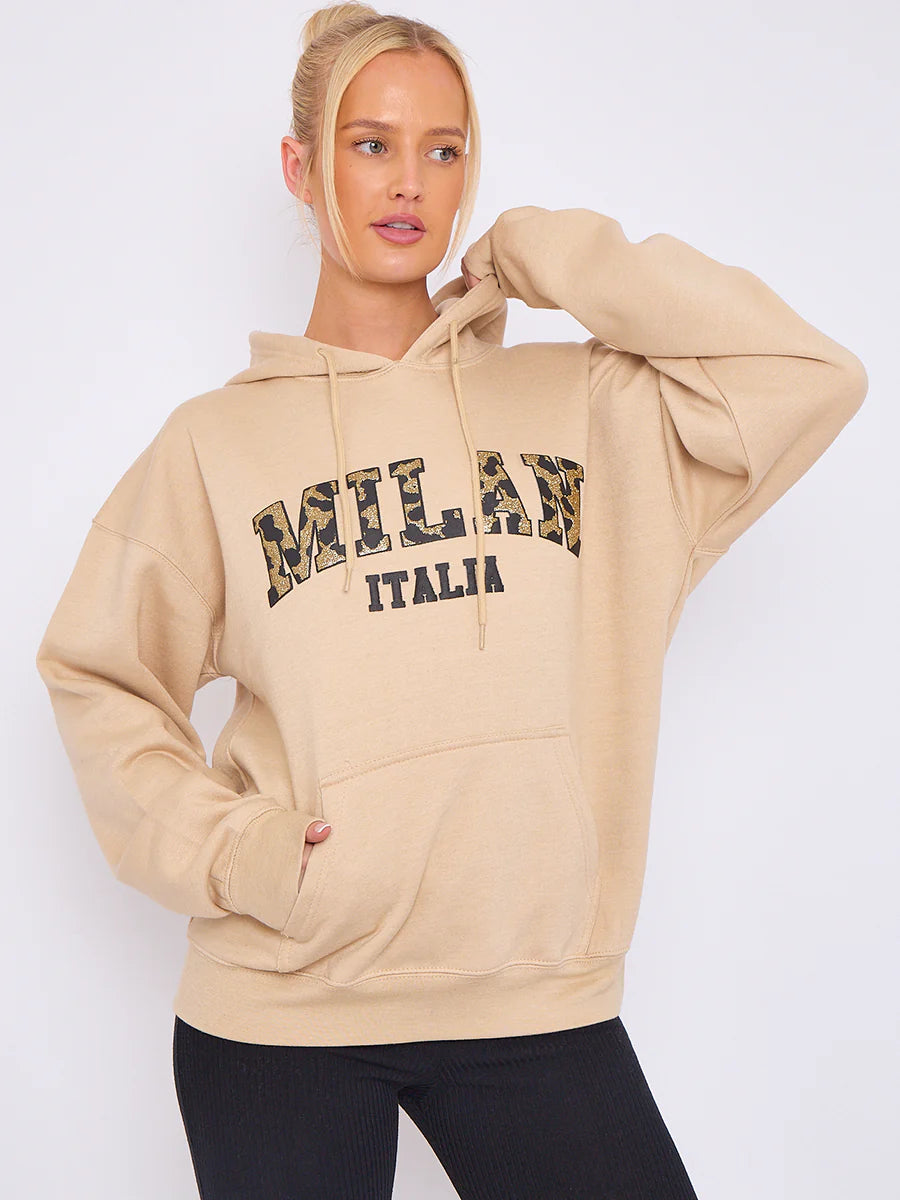 milan print graphic hoodie stone