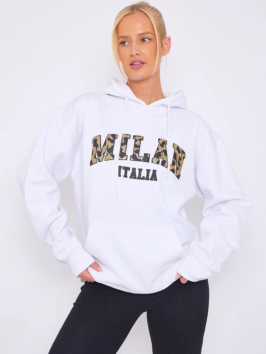 milan print graphic hoodie white