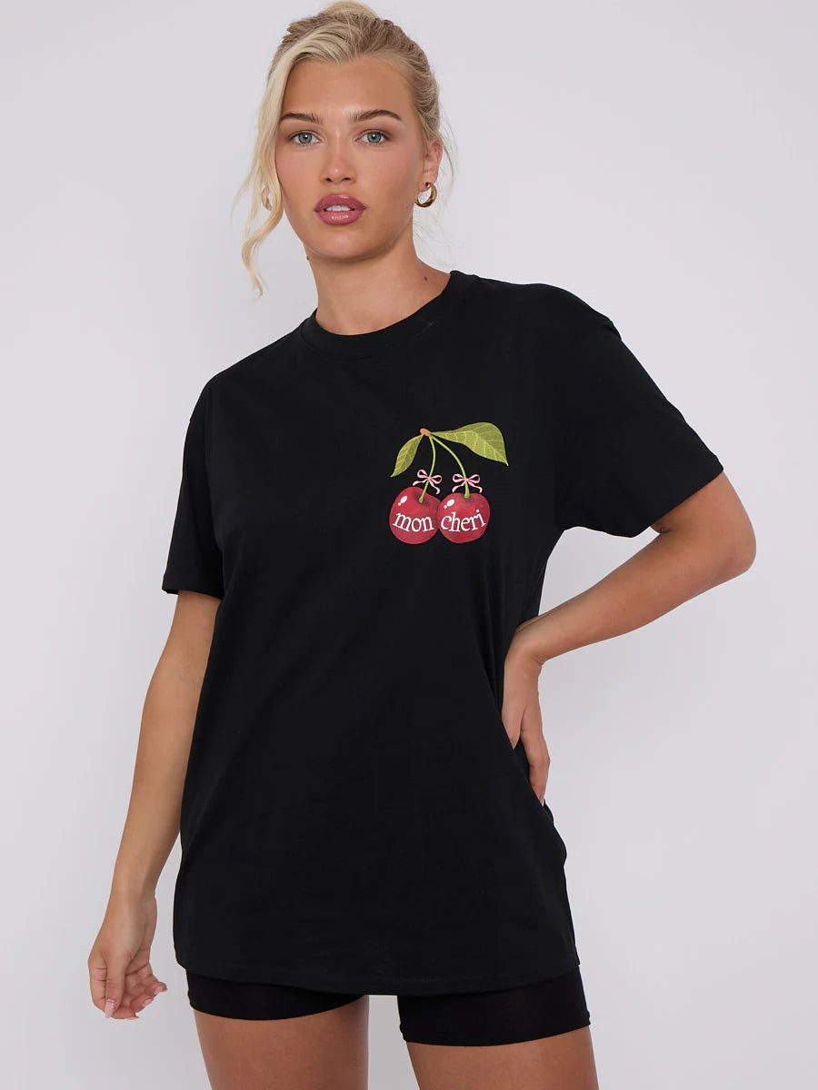 mon cheri cherry graphic printed t shirt black