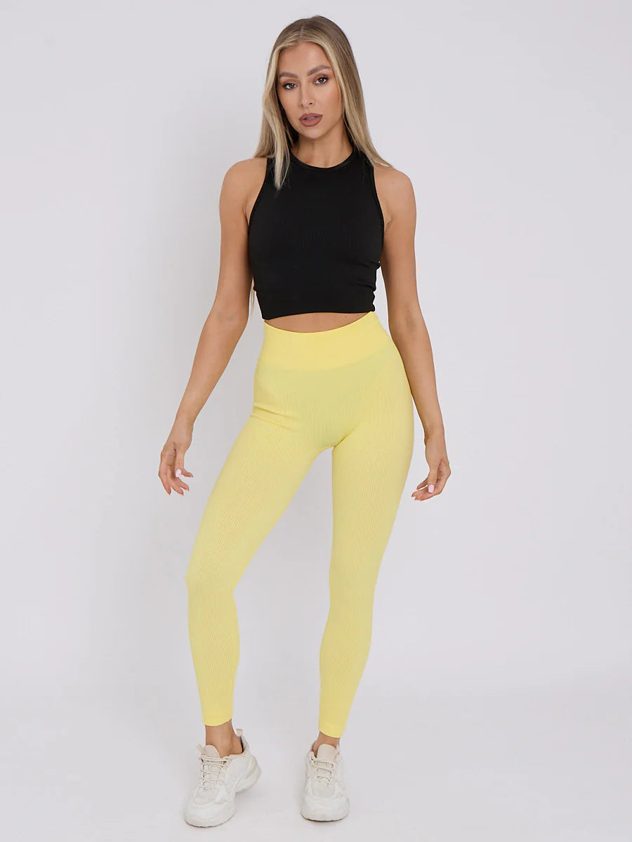 new stretchy high waisted ribbed leggings yellow alternate