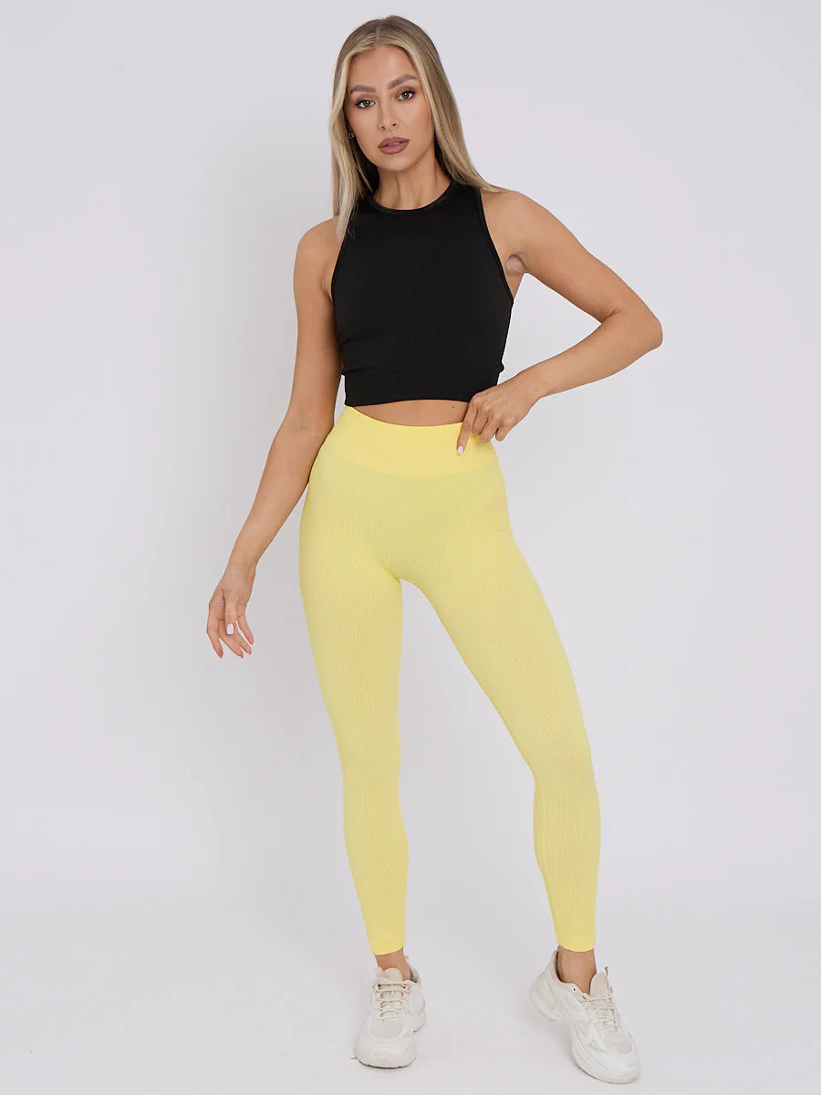 new stretchy high waisted ribbed leggings yellow front