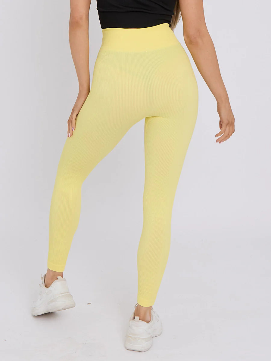 new stretchy high waisted ribbed leggings yellow rear