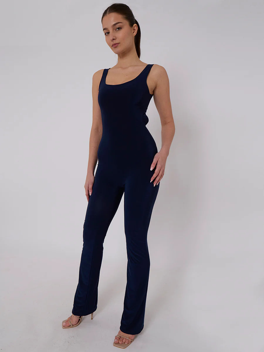 open back ruched slinky jumpsuit navy